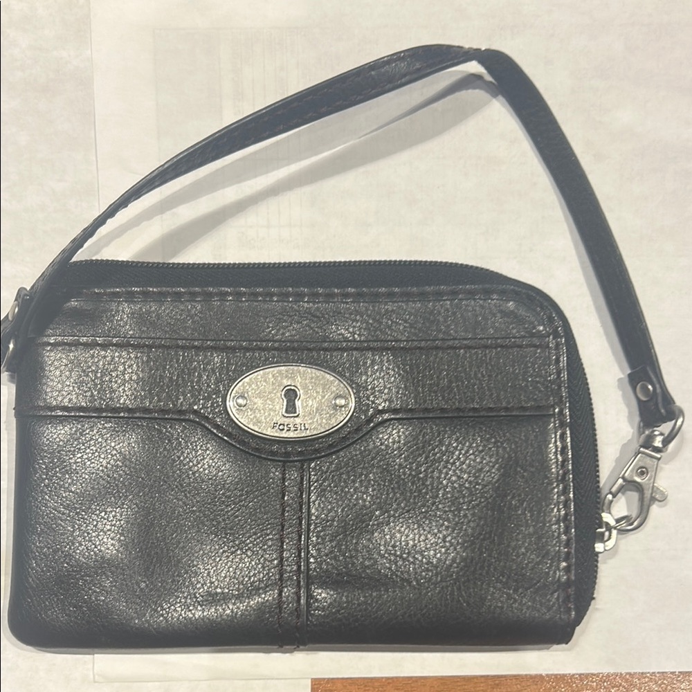 Fossil Black Leather Wristlet with Silver Clasp